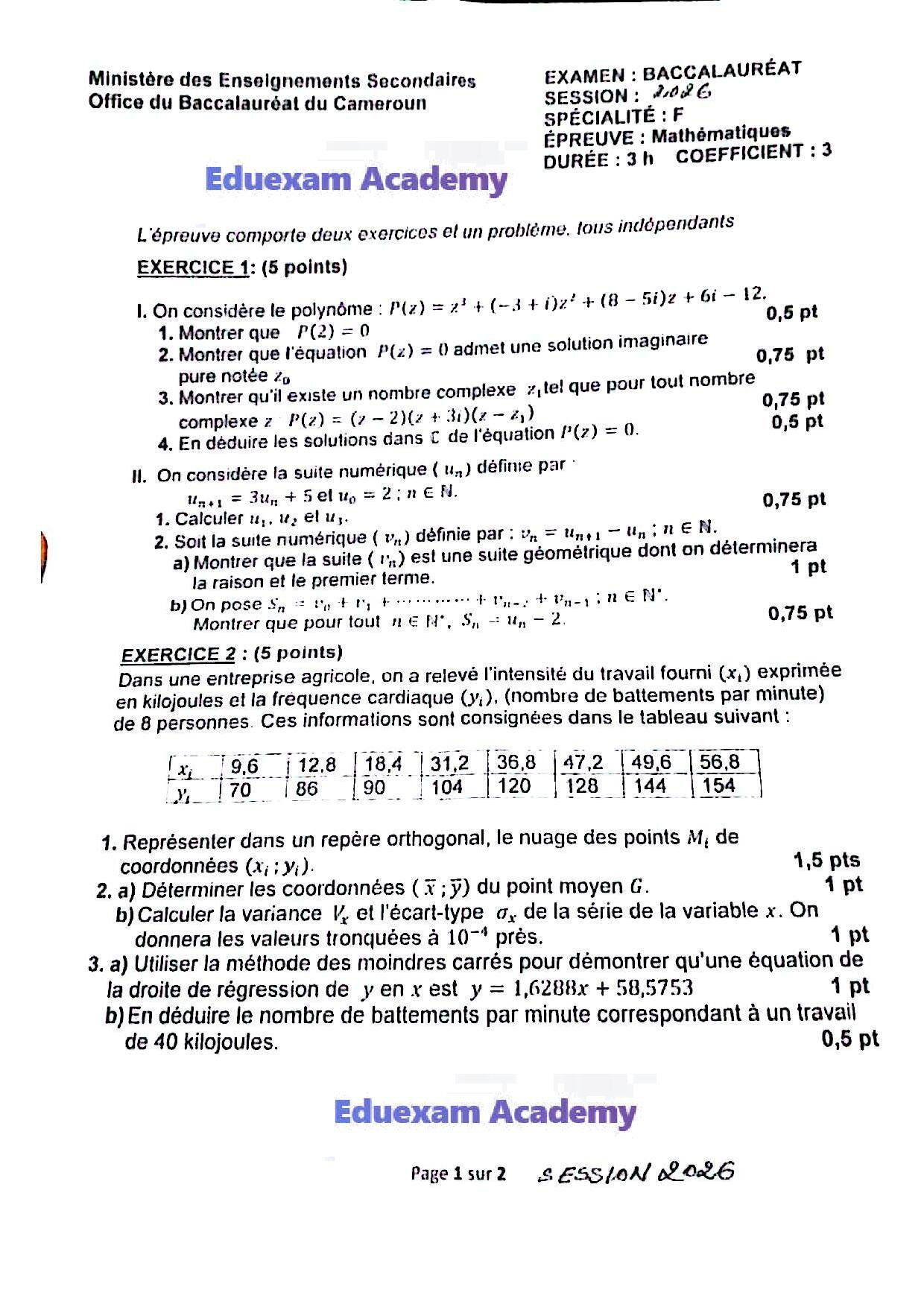 Épreuve de Mathématiques Baccalauréat Série F 2026
