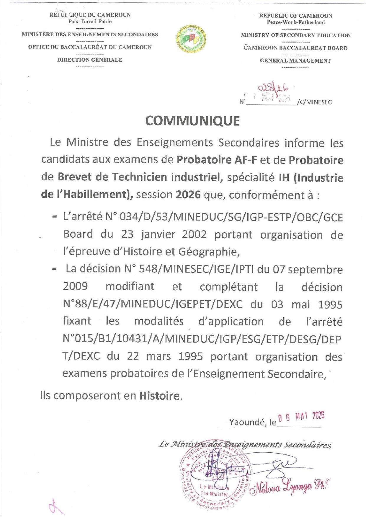Communiqué Probatoire IH 2026 : épreuve d'Histoire Cameroun
