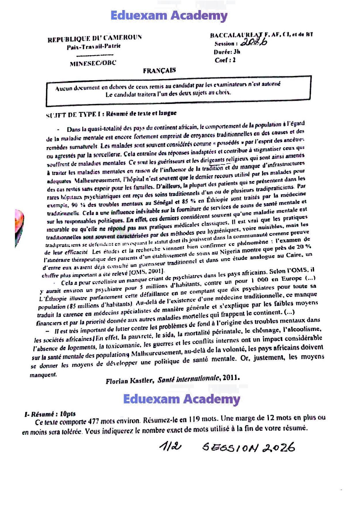 Épreuve de Français Baccalauréat F8 Cameroun 2026