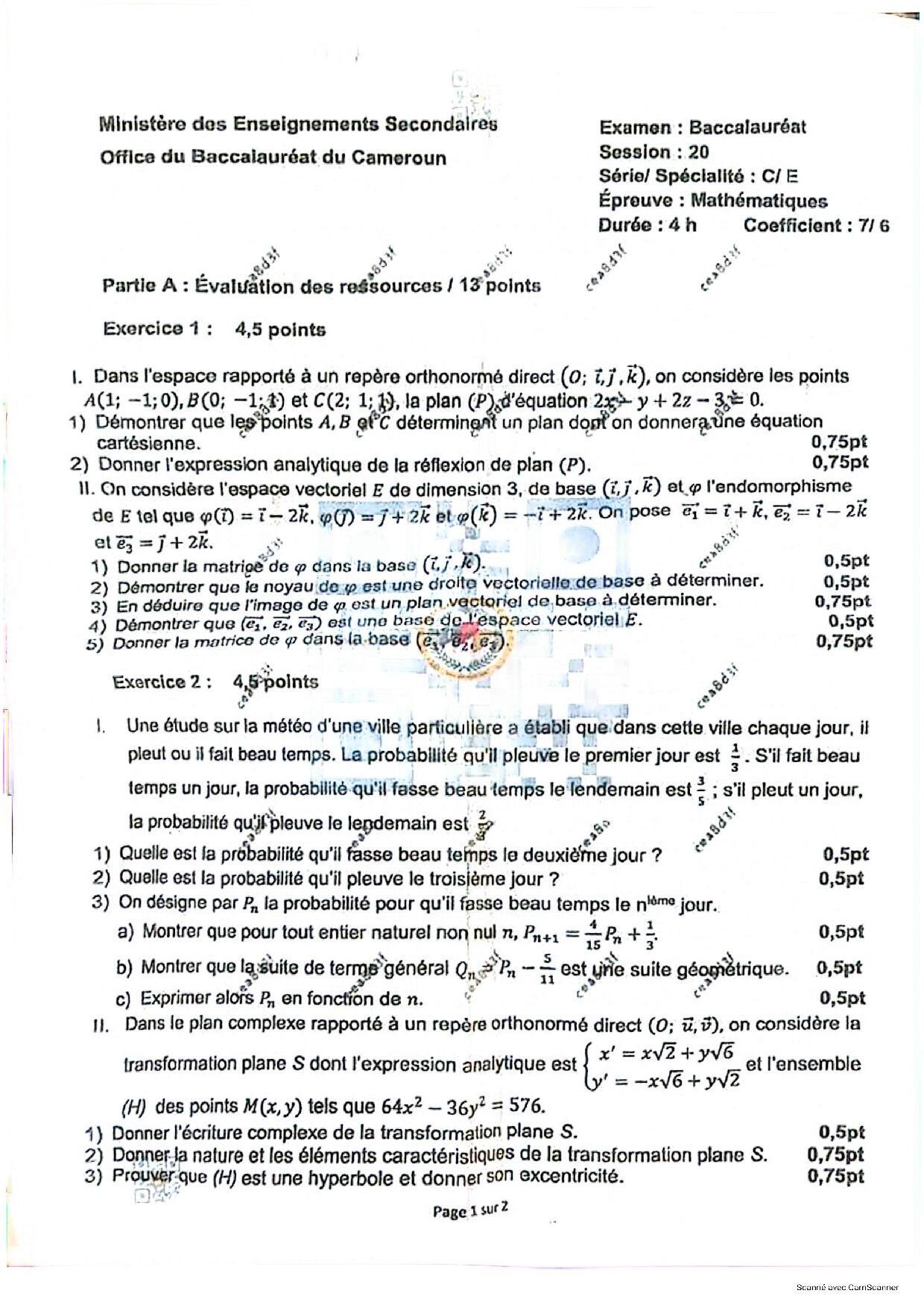 Epreuve de Mathématiques Baccalauréat Cameroun 2026 Série C/E