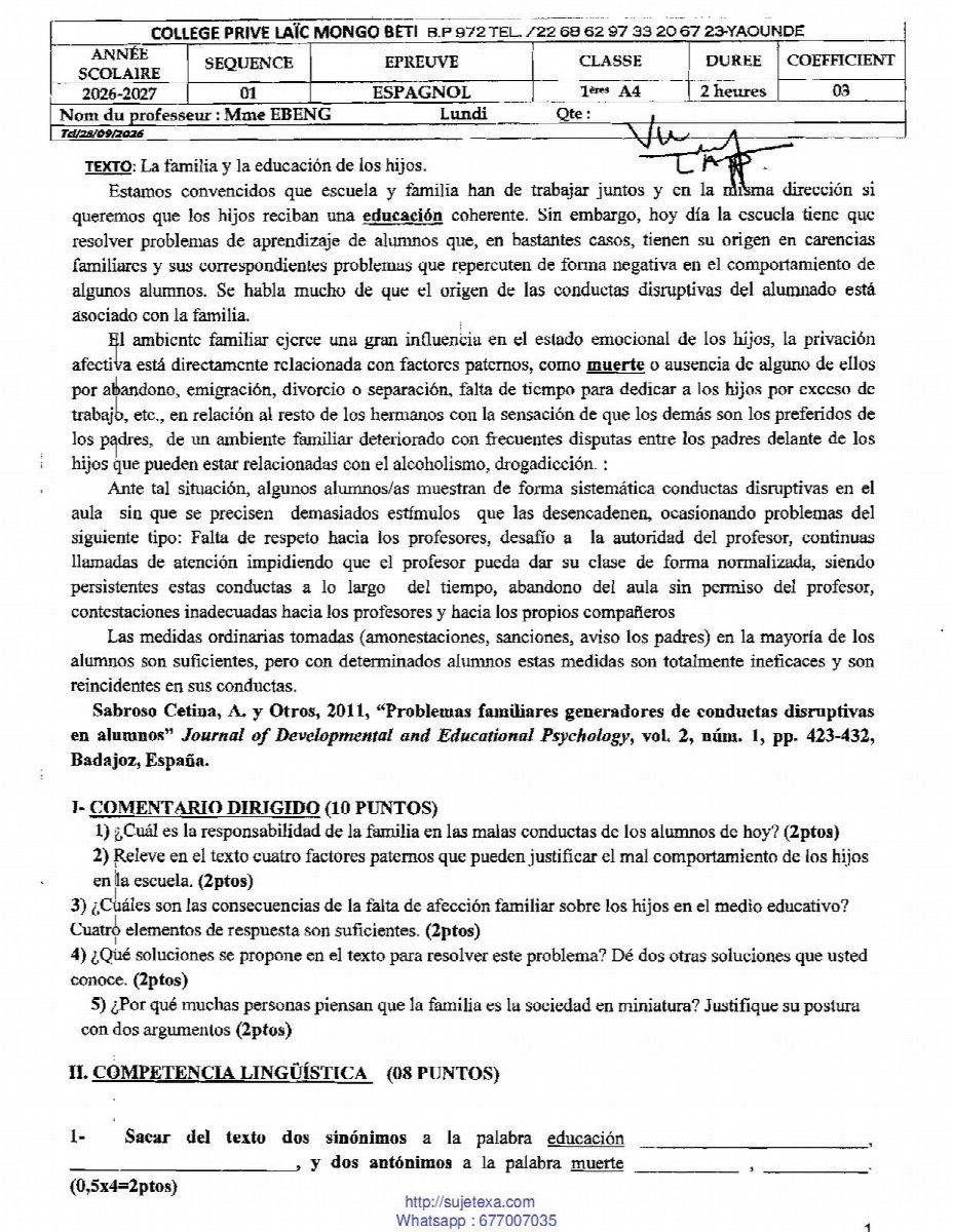Espagnol 1ère séquence 2025-2026 collège mongo betti