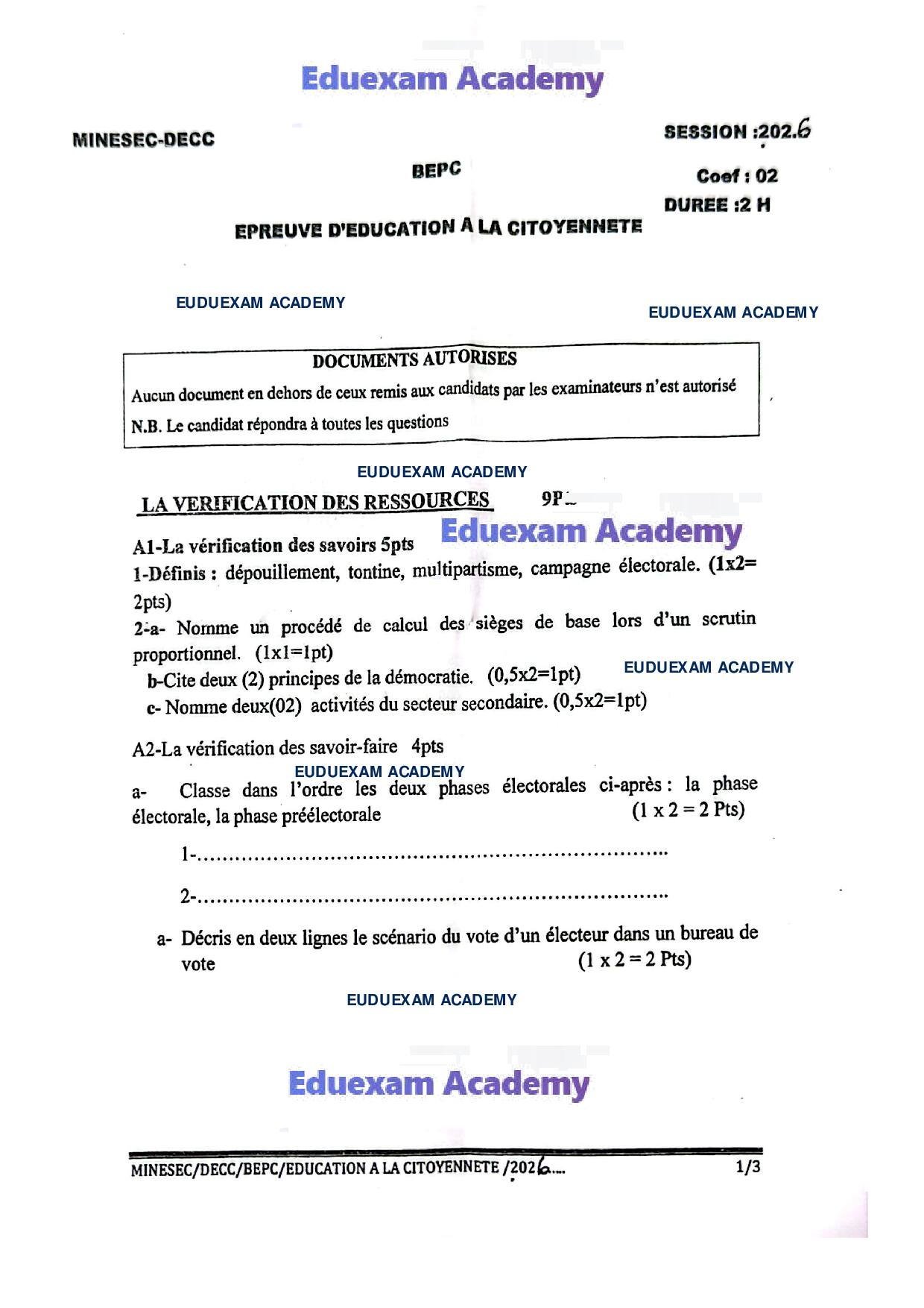 Epreuve d'Education à la citoyenneté BEPC 2026