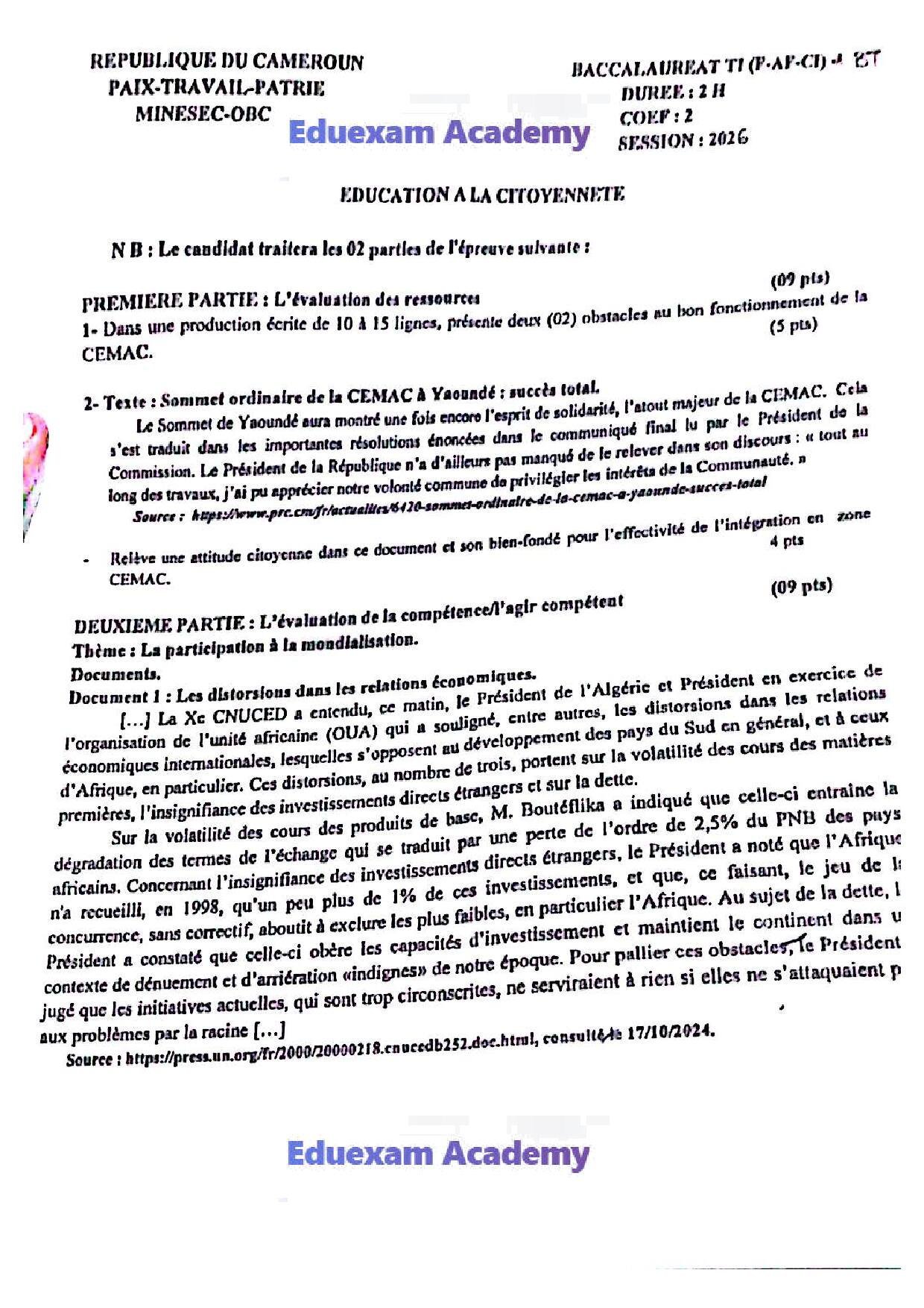 Epreuve d'Education à la citoyenneté Baccalauréat F8 2026