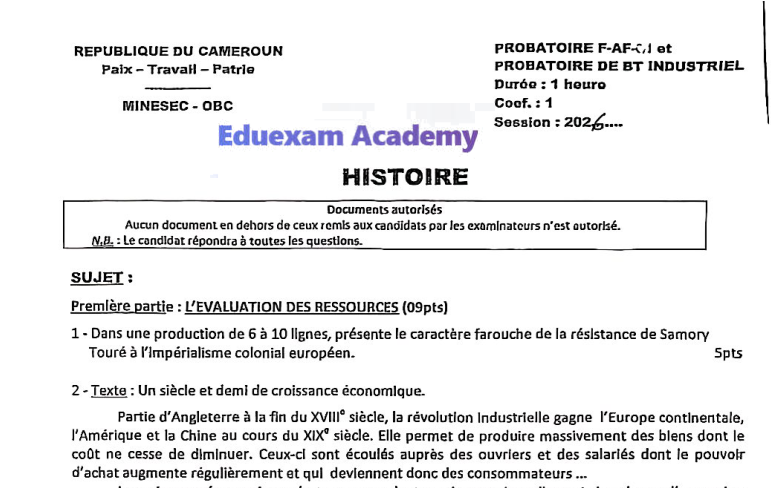 Épreuve d'Histoire - Probatoire AF-F BT 2026