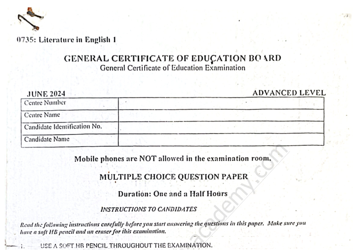 GCE Advenced level Literature in English Paper 1 Multiple Choice – June 2024