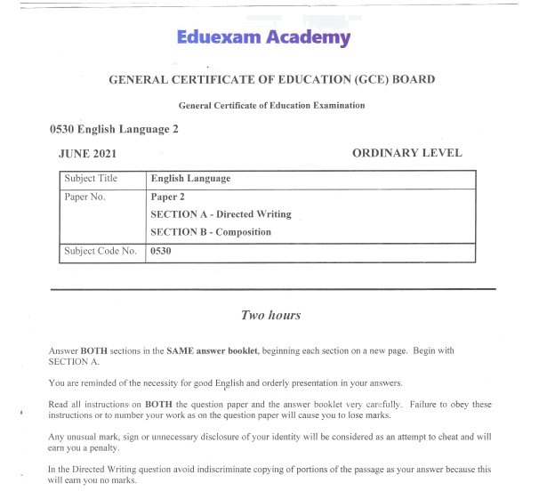 GCE Ordinary Level English Language Paper 2 (0530) – June 2021