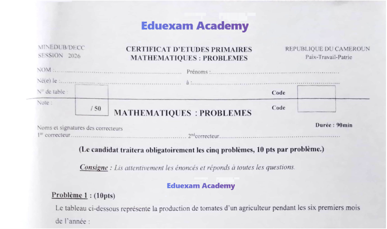 Épreuve CEP Mathématiques Problème 2026 Cameroun - CM2 PDF