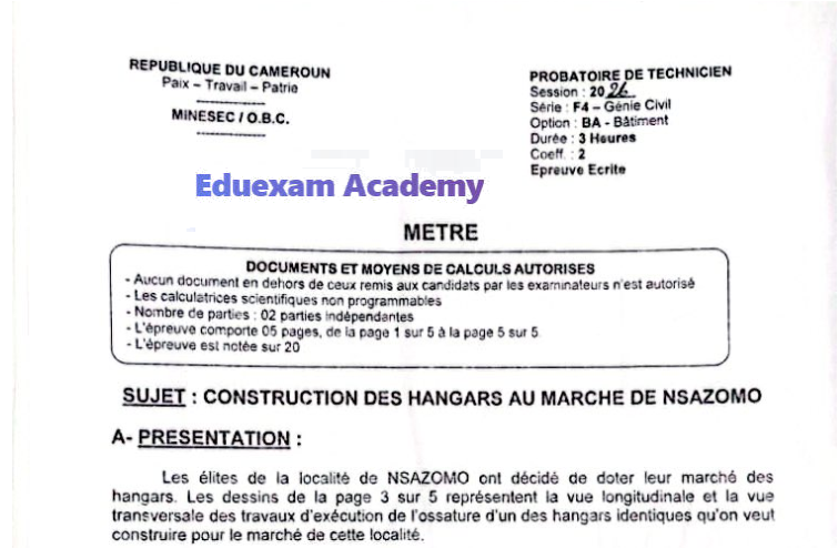 Épreuve de Métré - Probatoire F4-BA (Génie Civil, option Bâtiment) 2026