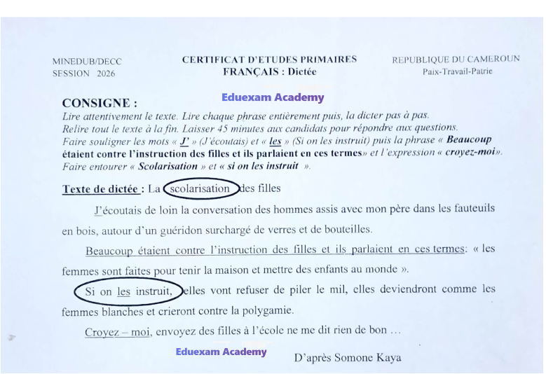 Épreuve CEP Dictée et Questions 2026 Cameroun - Français CM2