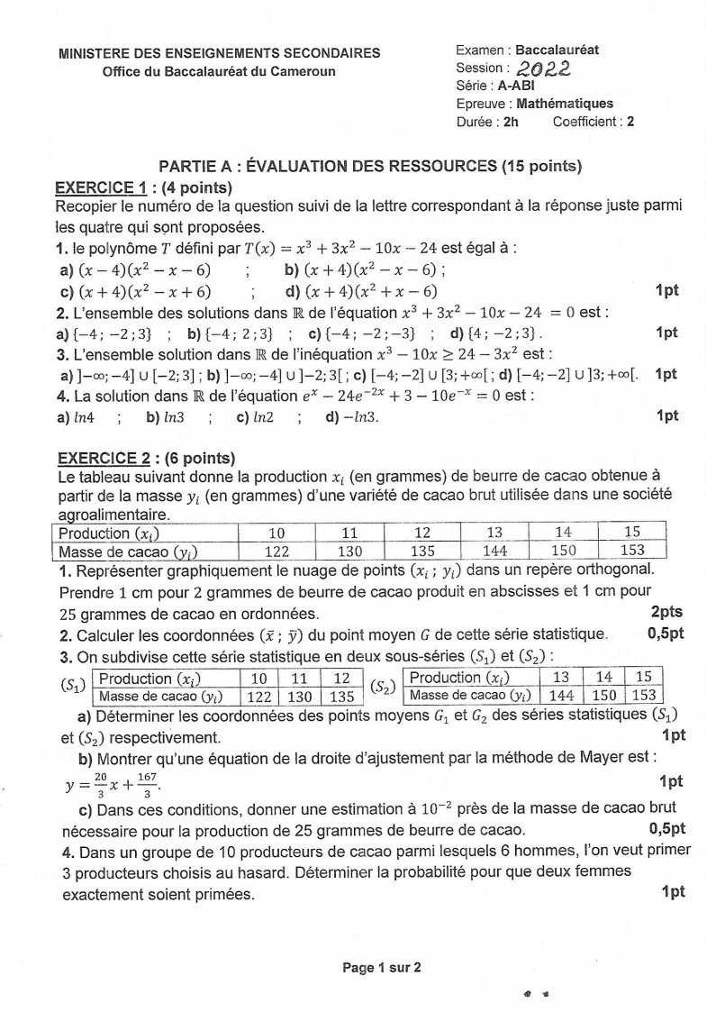 Bac A 2022 - Maths