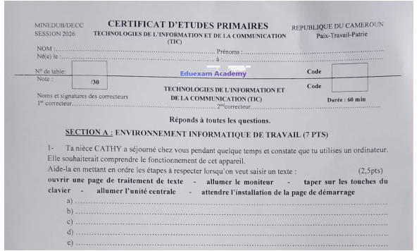 Épreuve CEP TIC 2026 Cameroun - Informatique CM2 PDF