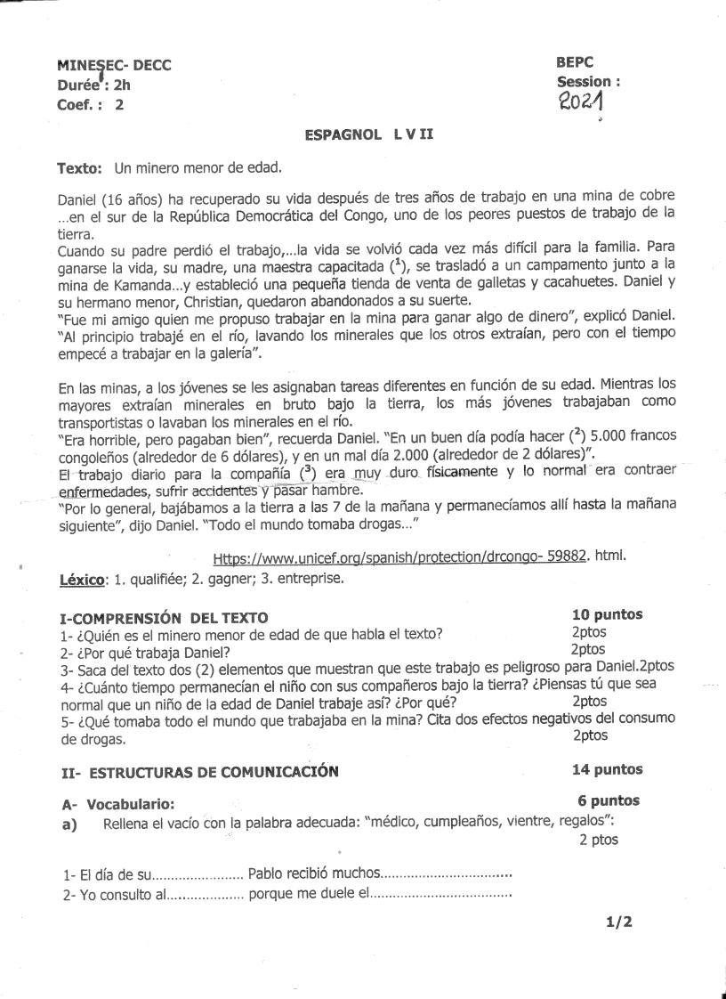 BEPC Espagnol 2021 Cameroun PDF + Corrigé