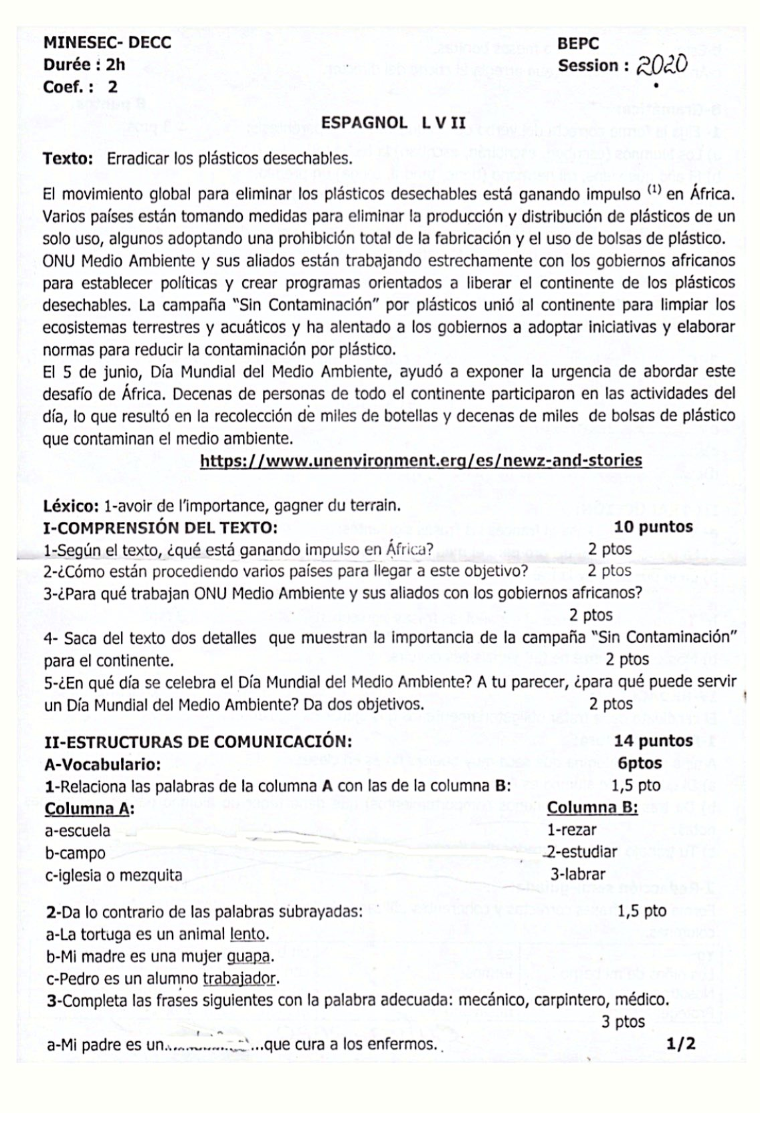 BEPC Espagnol 2020 Cameroun PDF + Corrigé