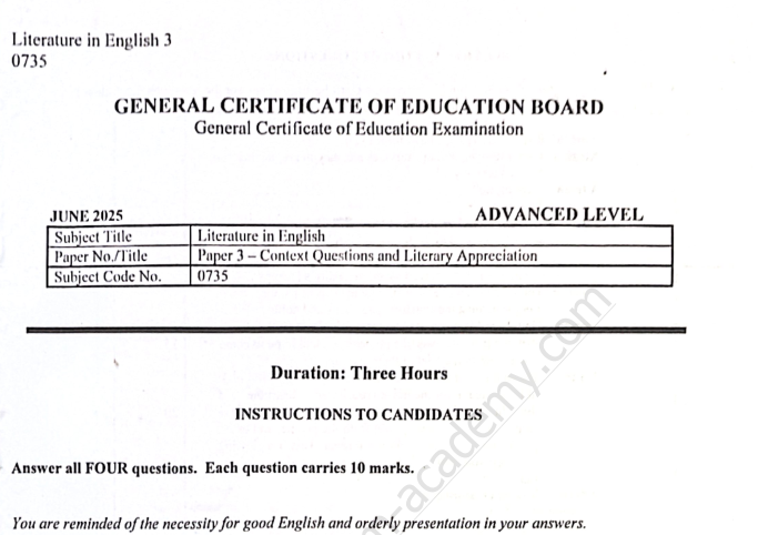 GCE A/L Literature in English Paper 3 – Context Questions – June 2025