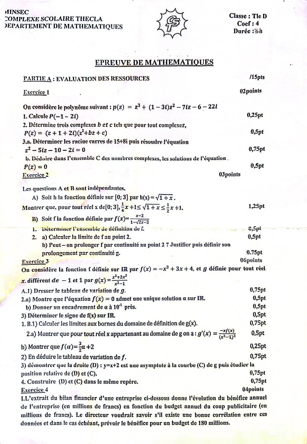 Épreuve de mathématiques Tle D