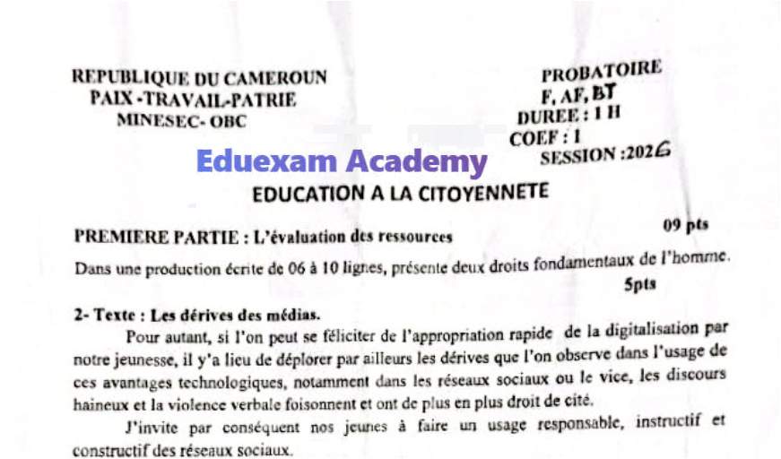 Épreuve d'Éducation à la Citoyenneté (ECM) - Probatoire AF, F, BT 2026