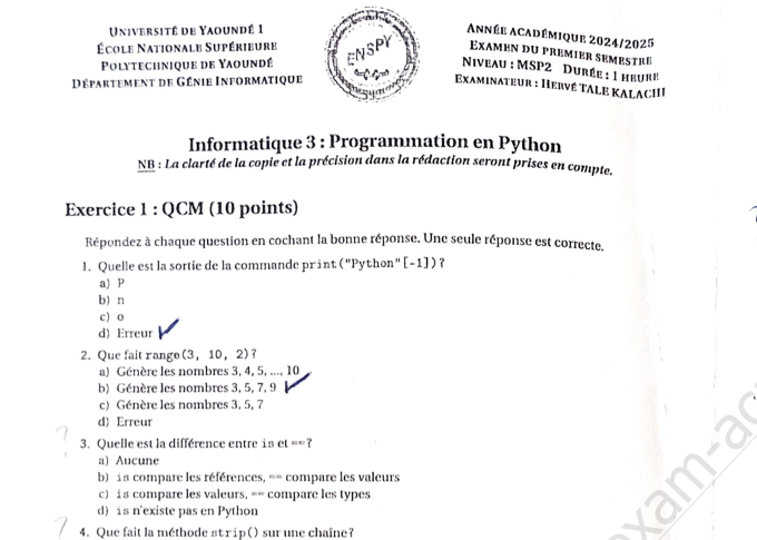 CC et Session Normale Mathématiques Semestre 1 – ENSPY Yaounde