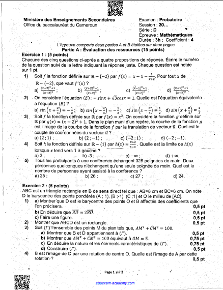 Probatoire D 2025 - Maths
