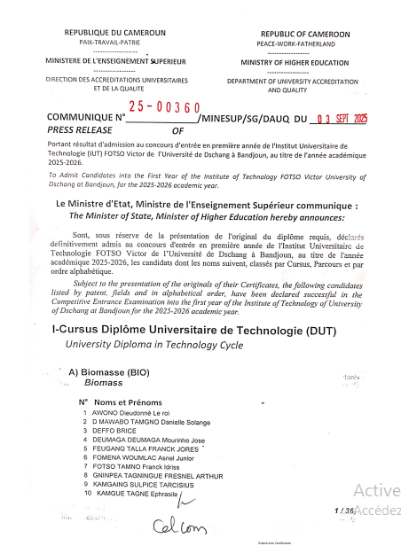 Résultat concour UIT bandjoun 2025