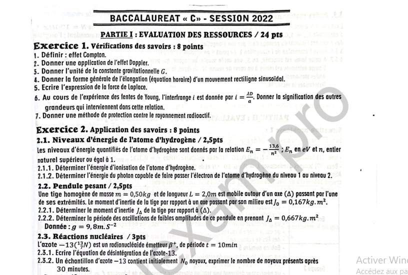 Bac C 2022 - Physique