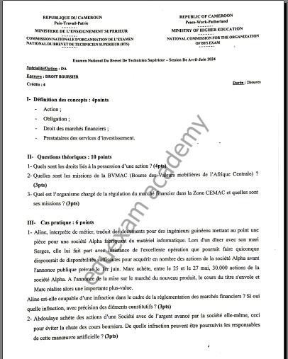 Épreuves Officielles Droit et Éthique BTS 2024 Cameroun – Tous Sujets et Types de Droit