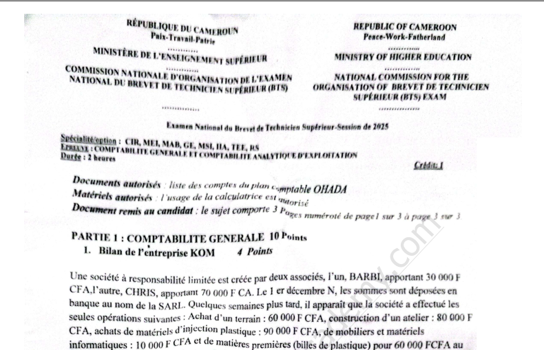 Épreuve de Comptabilité BTS Génie Logiciel 2025